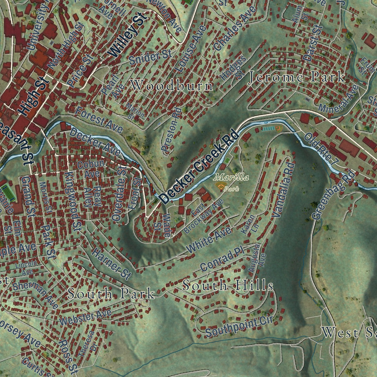 Close-up of the map of Morgantown, West Virginia print showing street and building detail