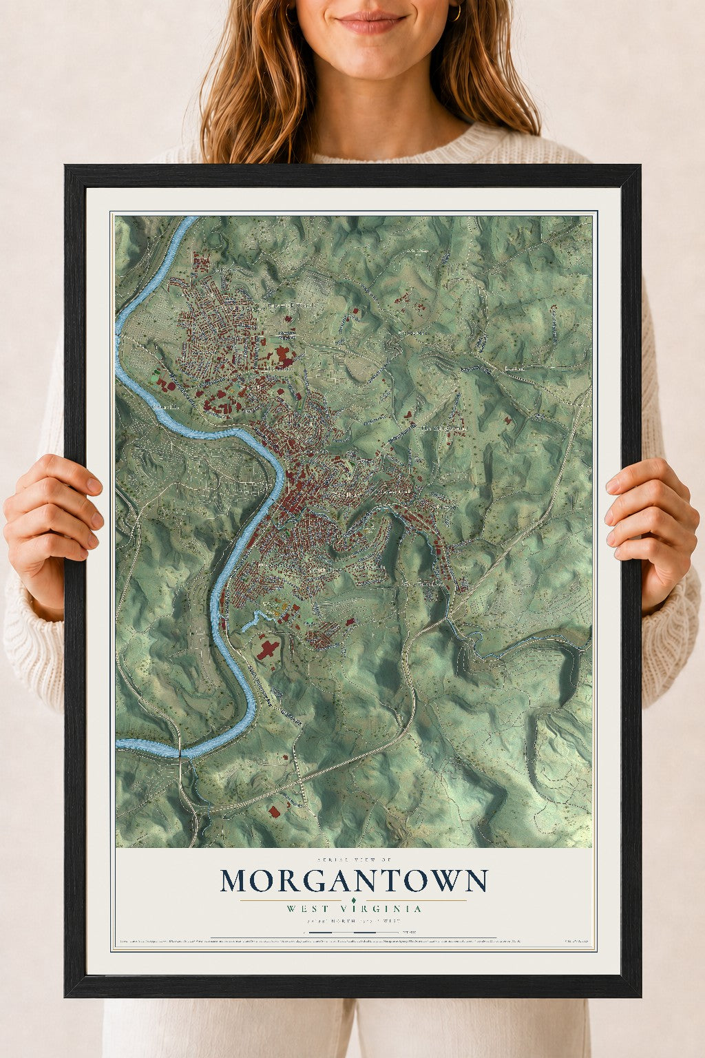Map of Morgantown, West Virginia, 18 x 24 inch print in a black wood frame