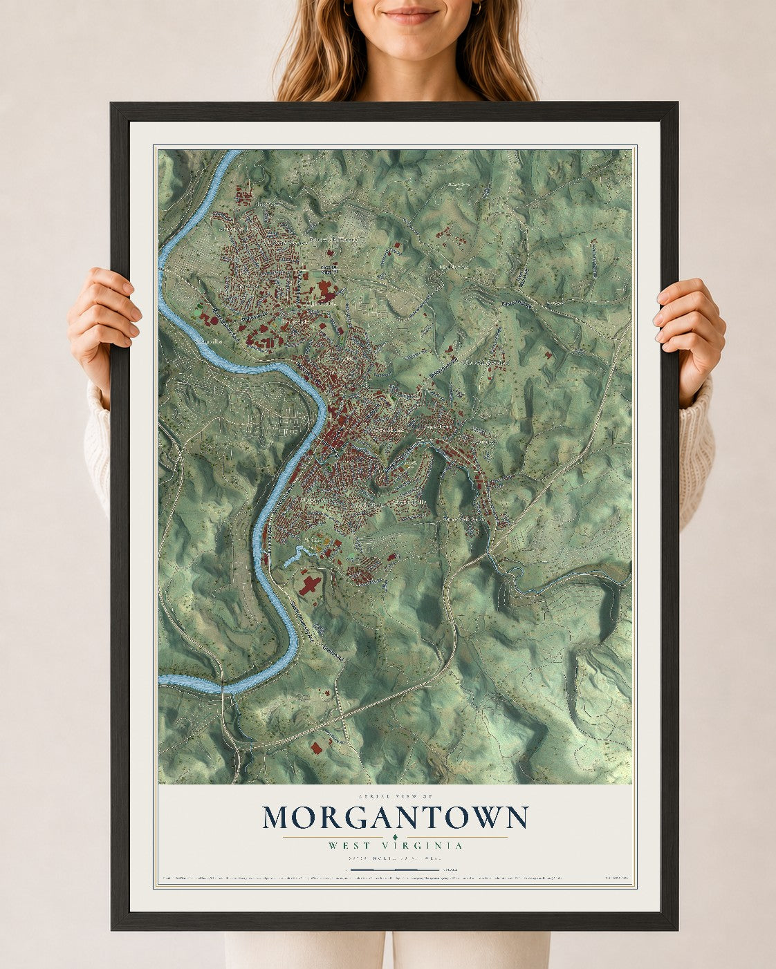 Map of Morgantown, West Virginia, 24 x 36 inch print in a black wood frame