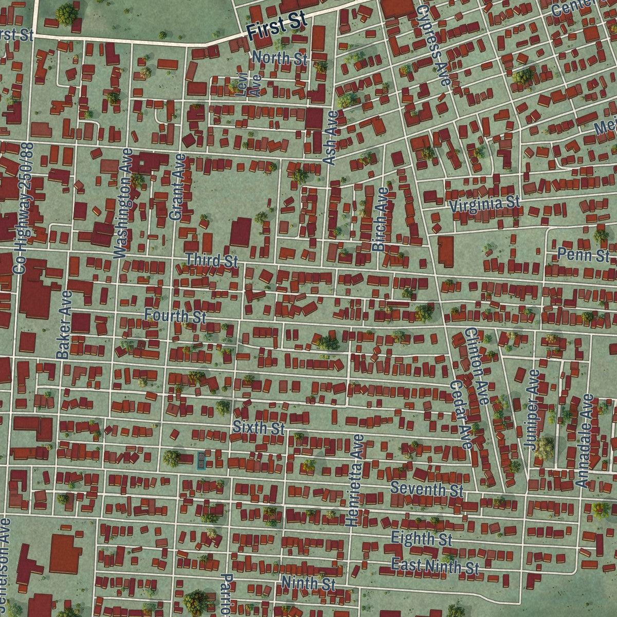 Close-up of the map of Moundsville, West Virginia print showing street and building detail