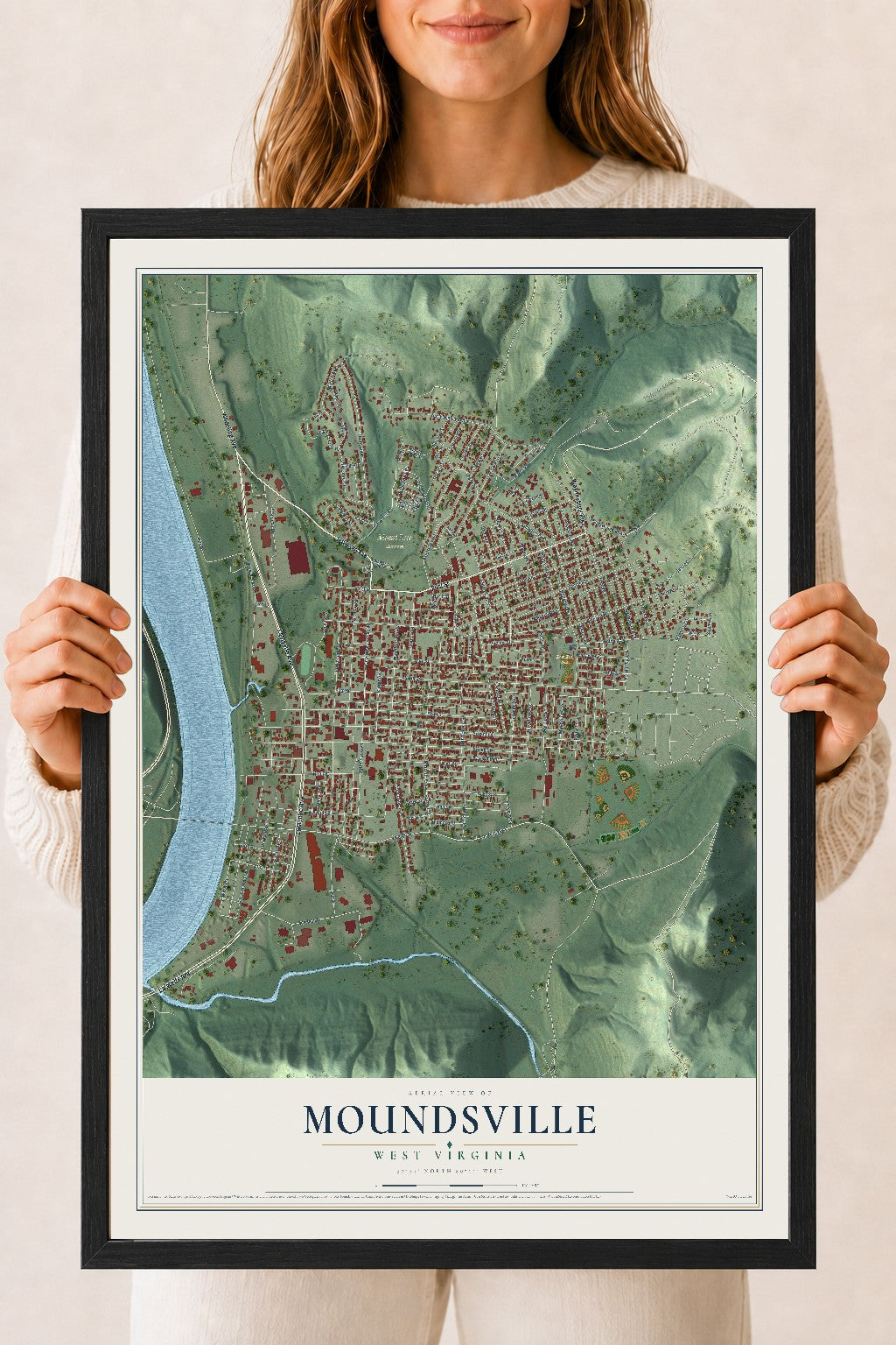Map of Moundsville, West Virginia, 18 x 24 inch print in a black wood frame