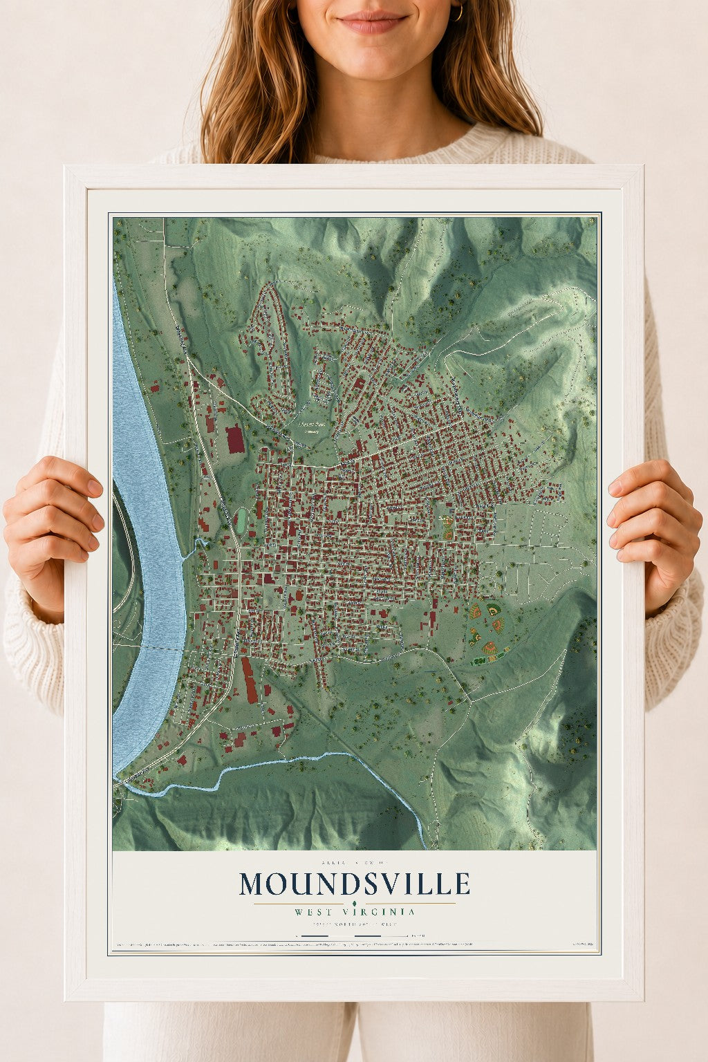 Map of Moundsville, West Virginia, 18 x 24 inch print in a white wood frame