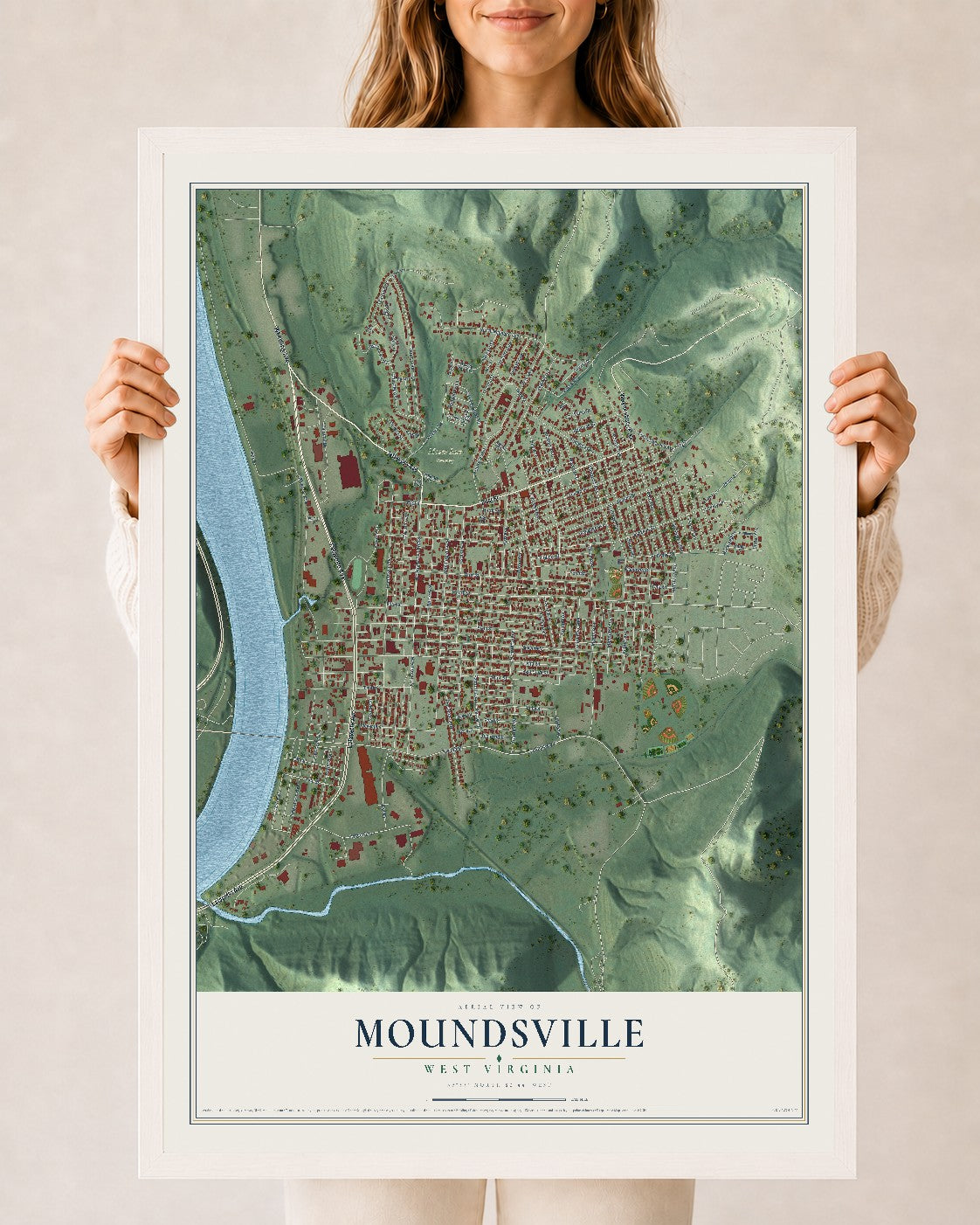 Map of Moundsville, West Virginia, 24 x 36 inch print in a white wood frame