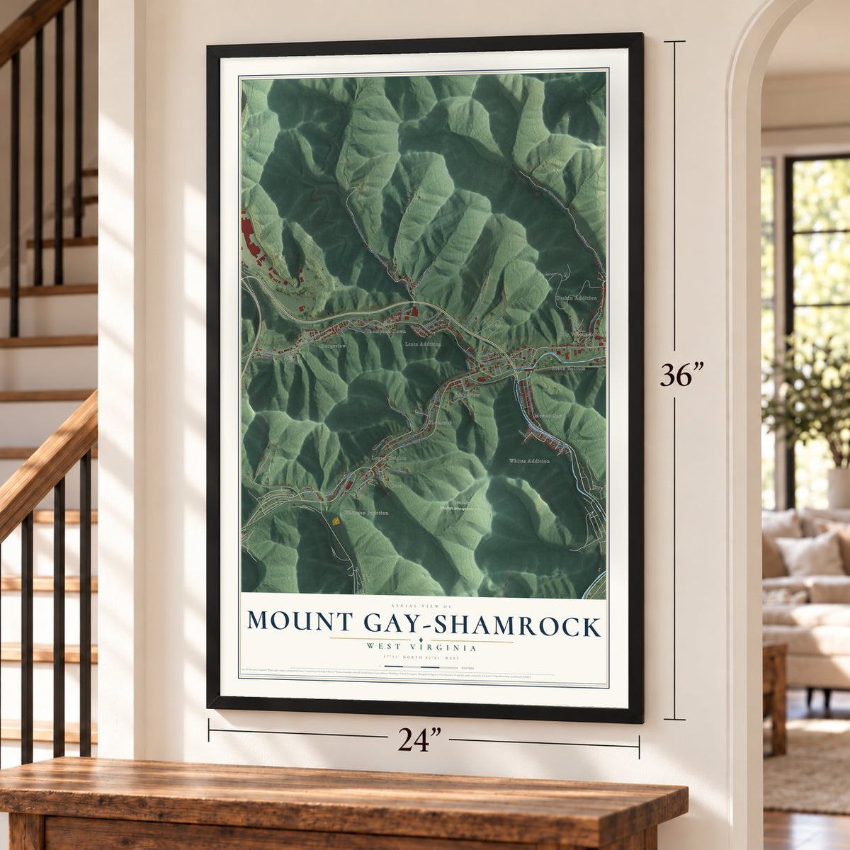 Mount Gay-Shamrock, West Virginia map, 24 x 36 inch print in a black frame by a staircase
