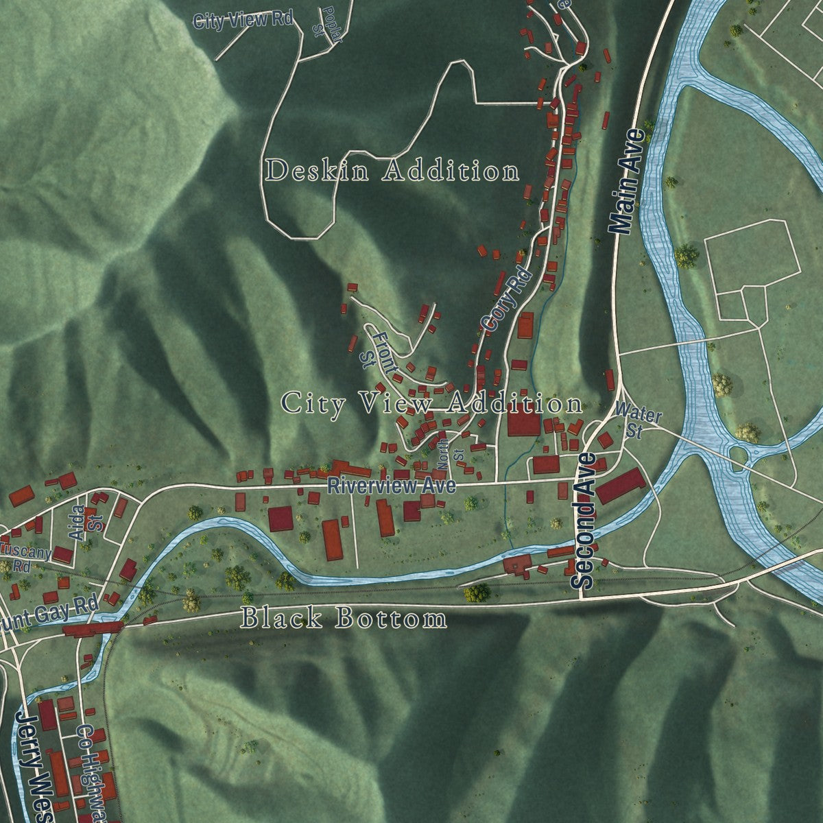 Close-up of the map of Mount Gay-Shamrock, West Virginia print showing street and building detail