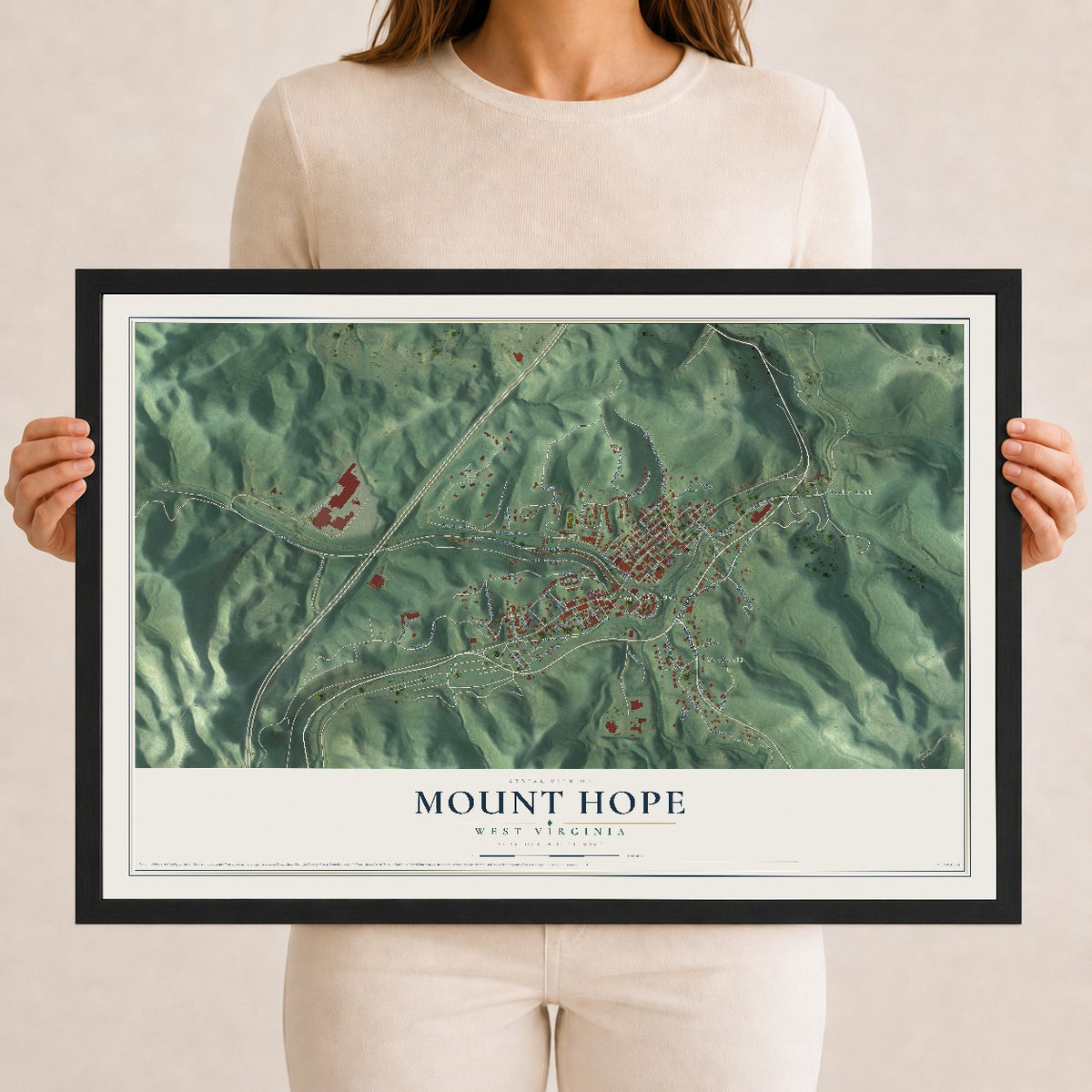 Map of Mount Hope, West Virginia, 12 x 18 inch print in a black wood frame