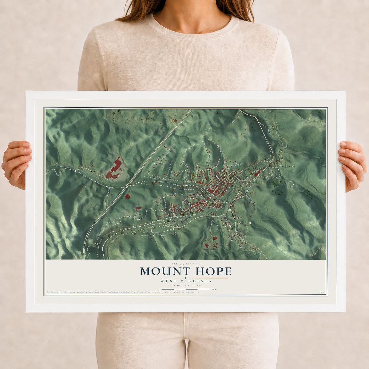 Map of Mount Hope, West Virginia, 12 x 18 inch print in a white wood frame