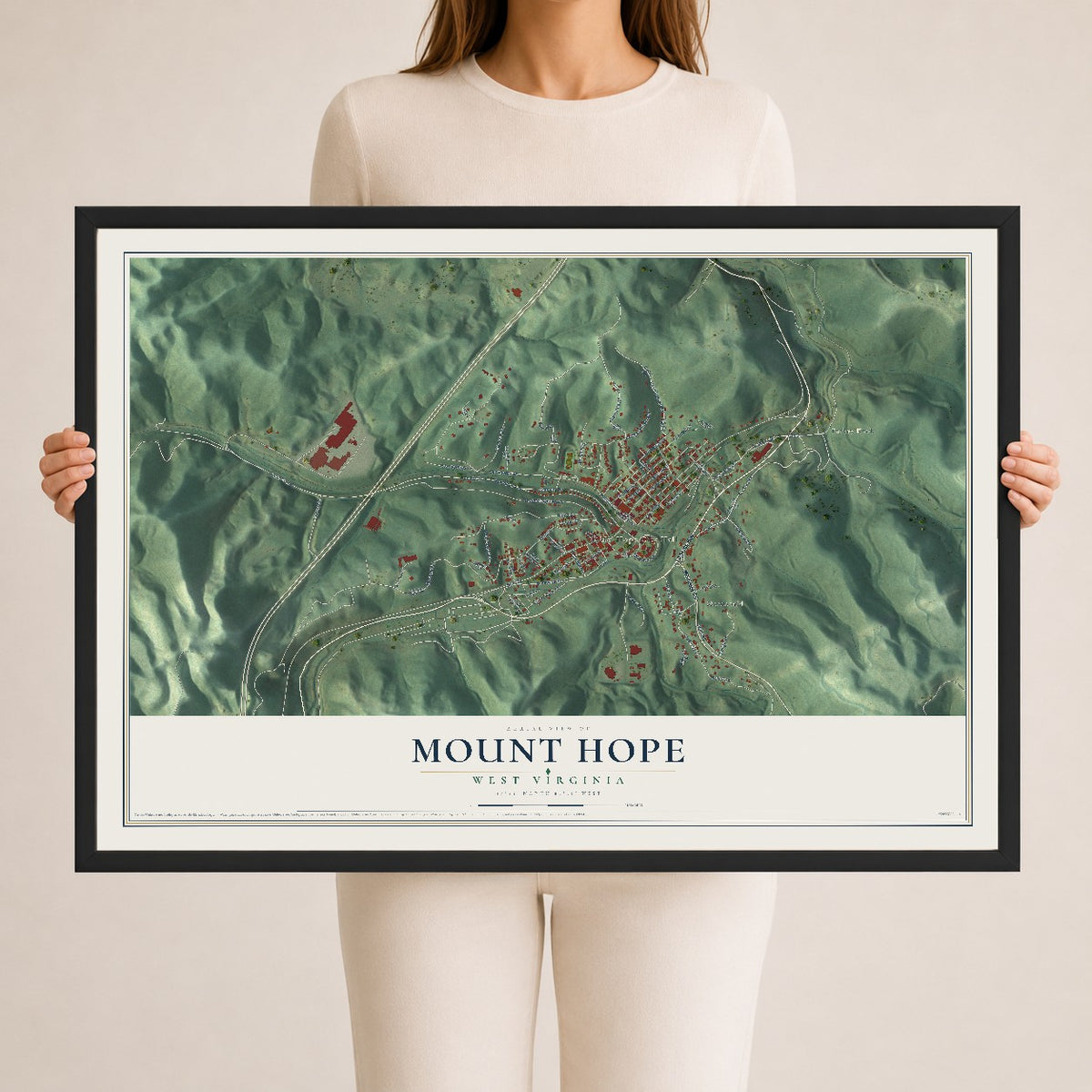 Map of Mount Hope, West Virginia, 24 x 36 inch print in a black wood frame