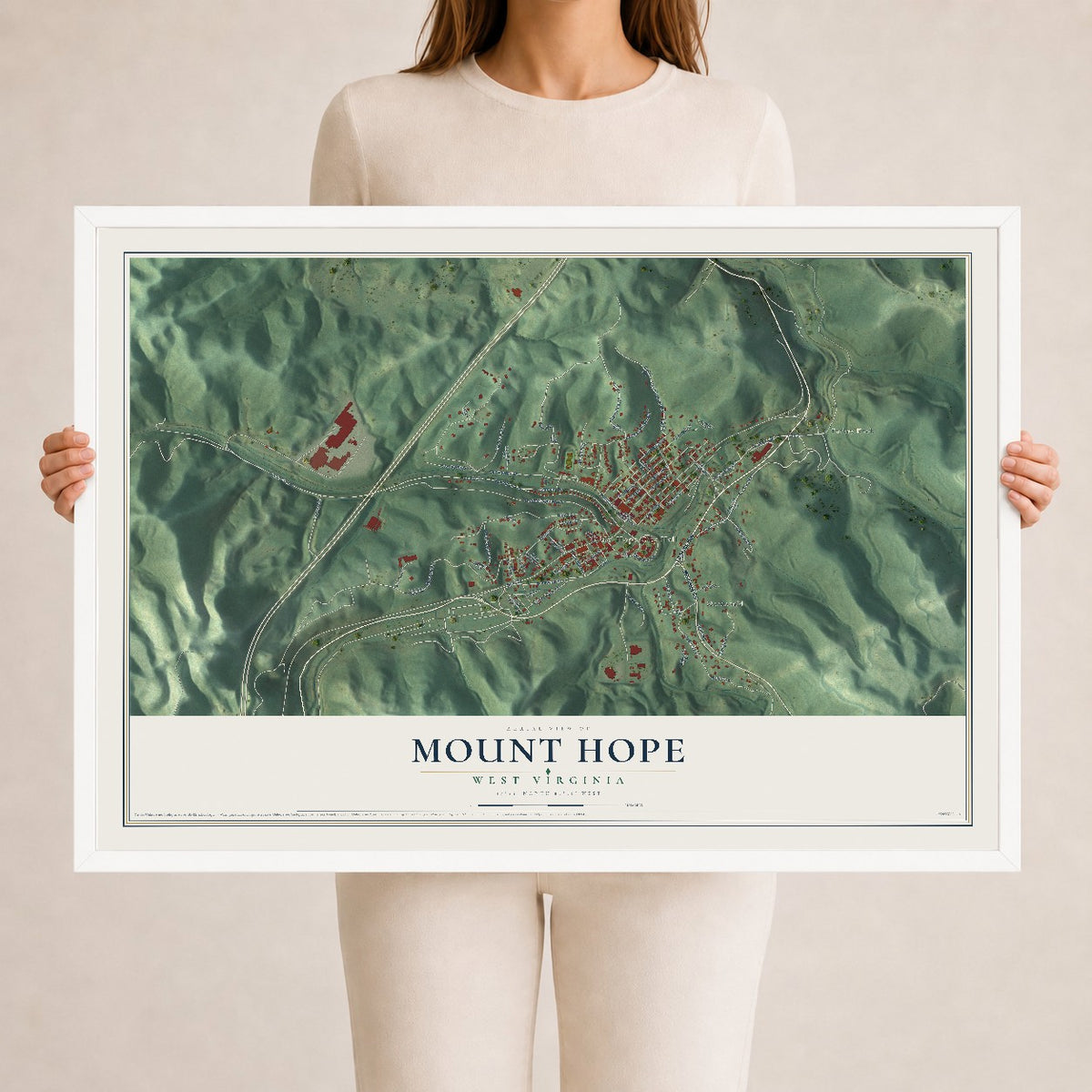 Map of Mount Hope, West Virginia, 24 x 36 inch print in a white wood frame