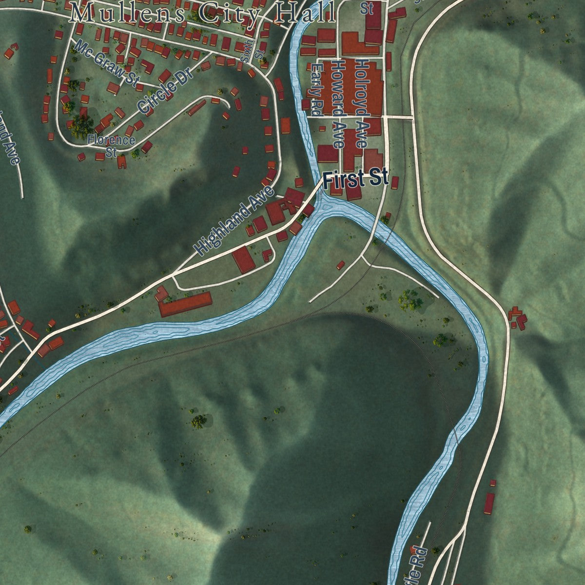 Close-up of the map of Mullens, West Virginia print showing street and building detail