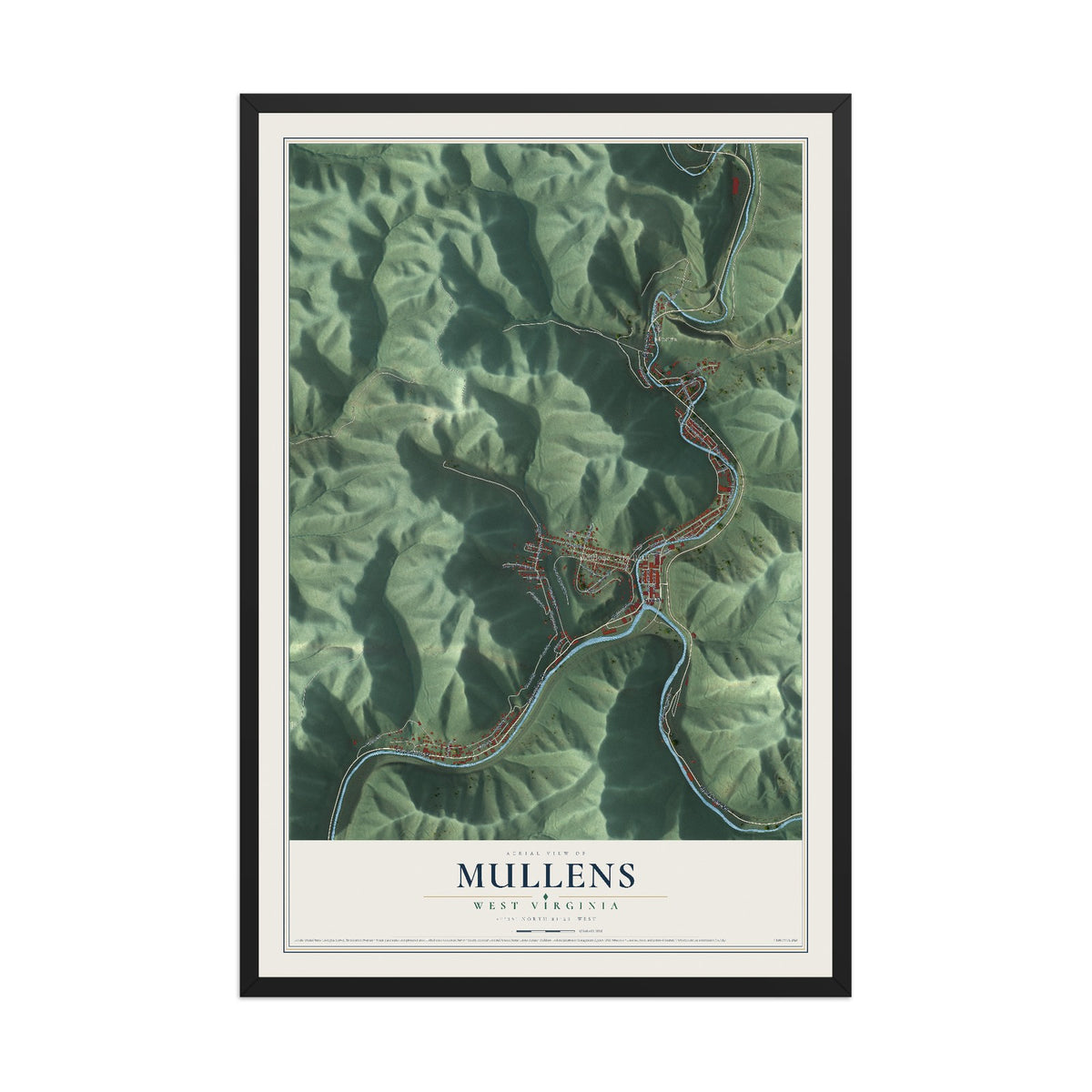 Map of Mullens, West Virginia, 12 x 18 inch print in a black wood frame
