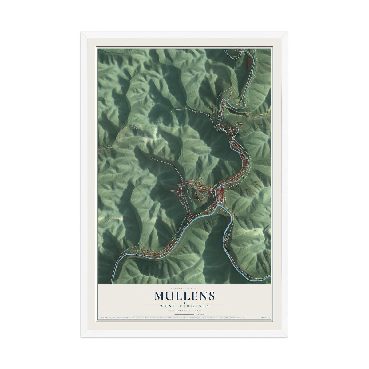 Map of Mullens, West Virginia, 12 x 18 inch print in a white wood frame