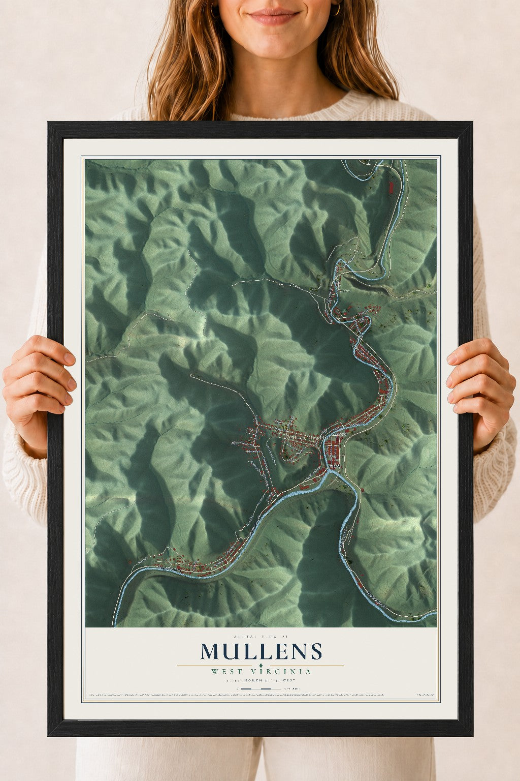 Map of Mullens, West Virginia, 18 x 24 inch print in a black wood frame