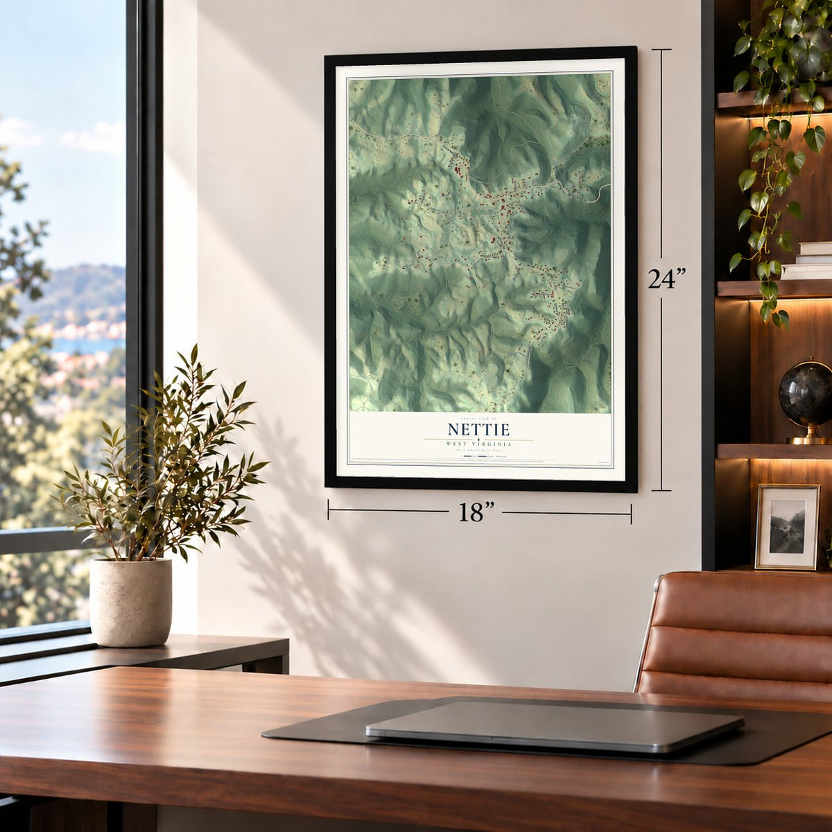 Nettie, West Virginia map, 18 x 24 inch print in a black frame in a home office