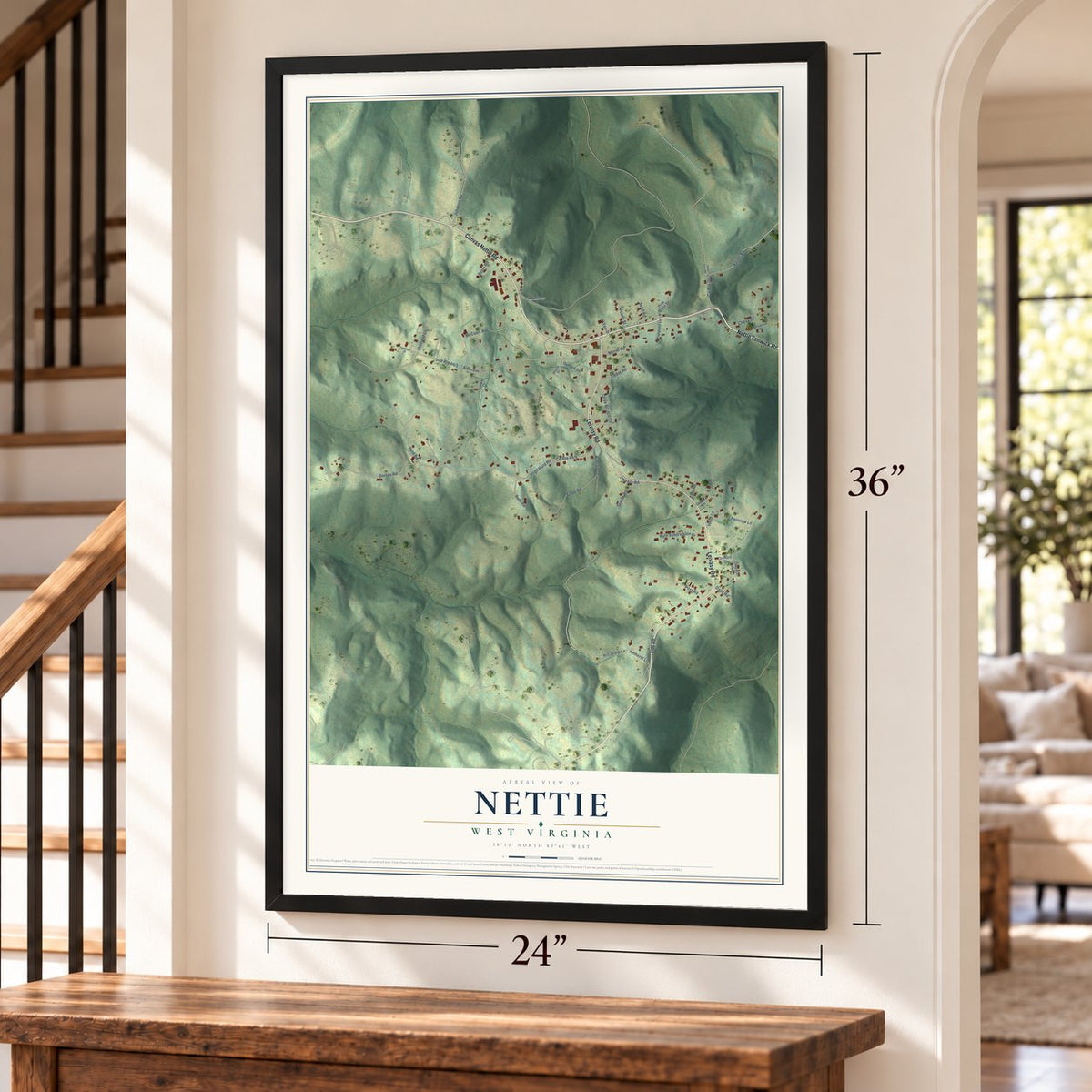 Nettie, West Virginia map, 24 x 36 inch print in a black frame by a staircase