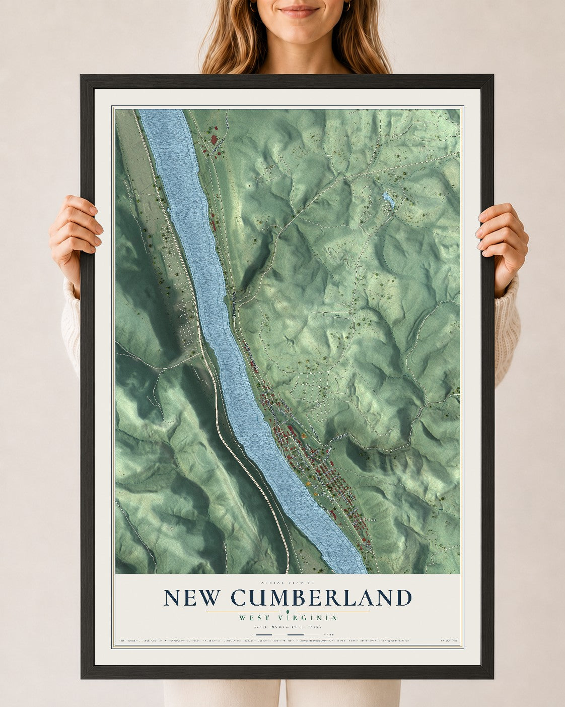 Map of New Cumberland, West Virginia, 24 x 36 inch print in a black wood frame