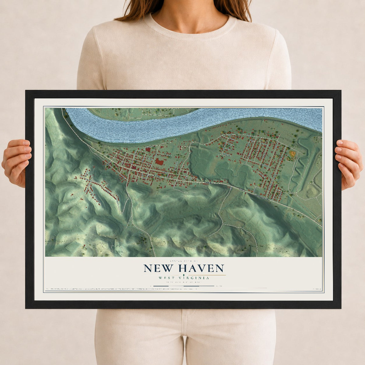 Map of New Haven, West Virginia, 12 x 18 inch print in a black wood frame