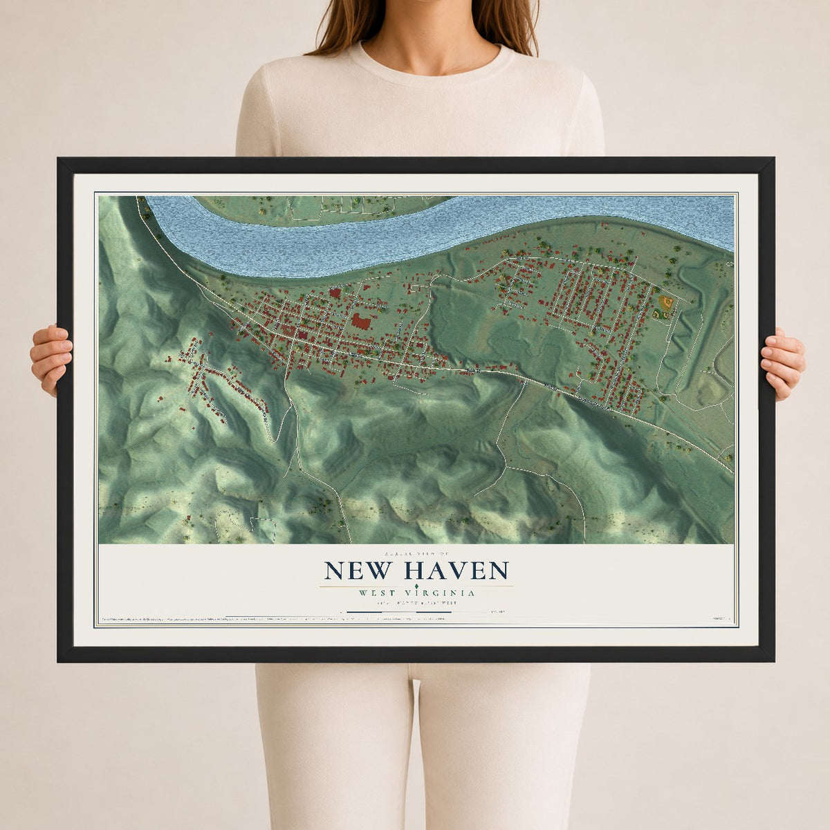 Map of New Haven, West Virginia, 24 x 36 inch print in a black wood frame