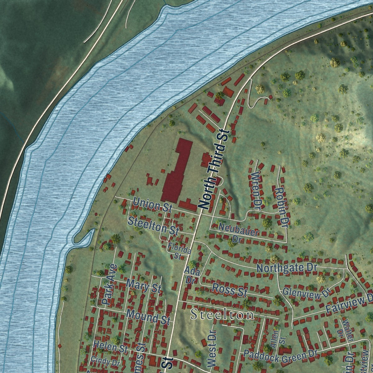Second close-up of the map of New Martinsville, West Virginia print showing more streets and buildings