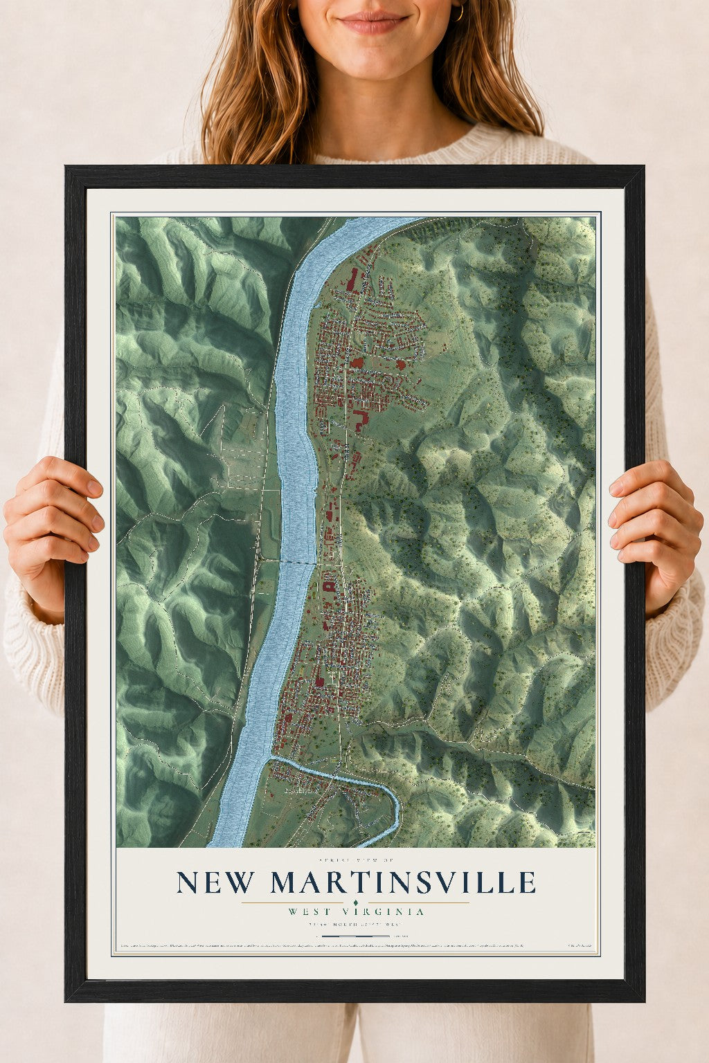 Map of New Martinsville, West Virginia, 18 x 24 inch print in a black wood frame