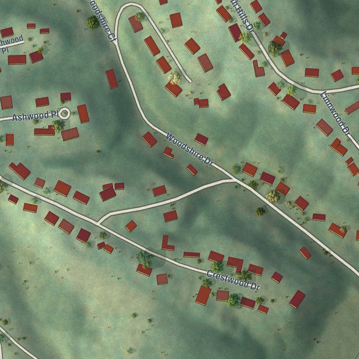 Close-up of the map of North Hills, West Virginia print showing street and building detail