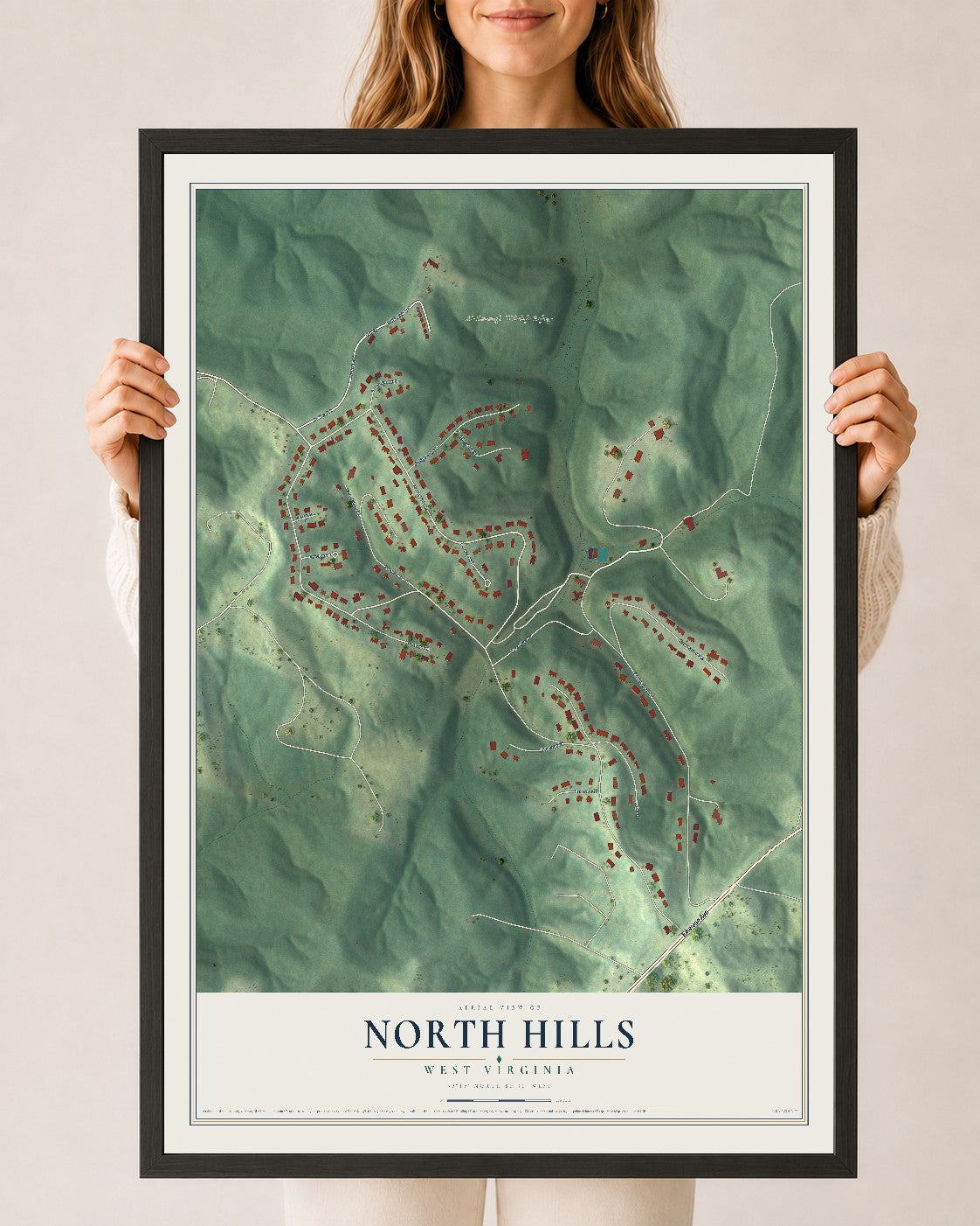 Map of North Hills, West Virginia, 24 x 36 inch print in a black wood frame