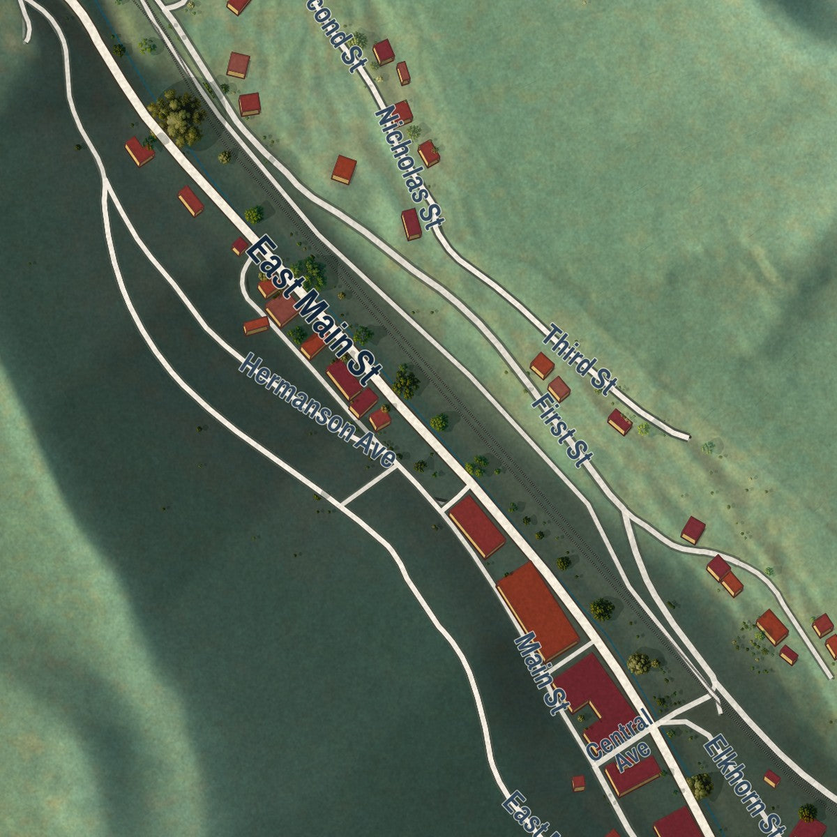 Close-up of the map of Northfork, West Virginia print showing street and building detail
