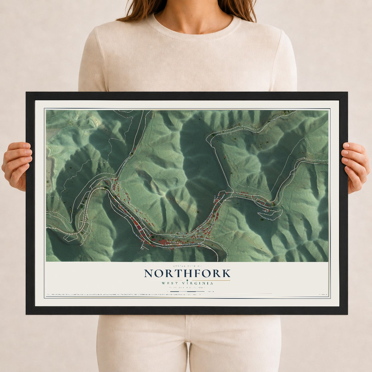 Map of Northfork, West Virginia, 12 x 18 inch print in a black wood frame