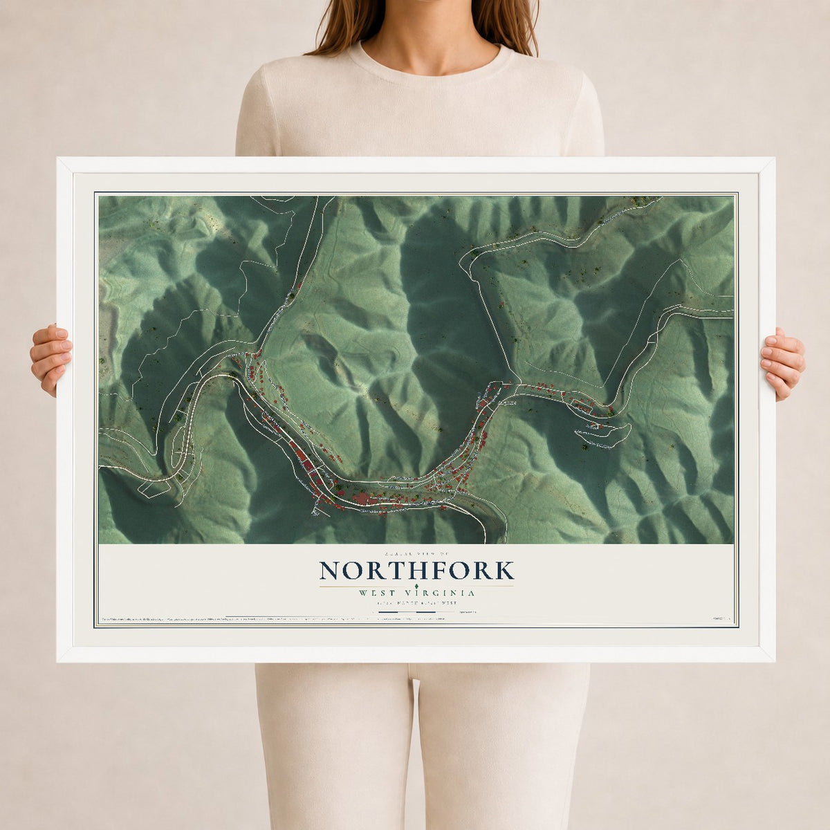 Map of Northfork, West Virginia, 24 x 36 inch print in a white wood frame