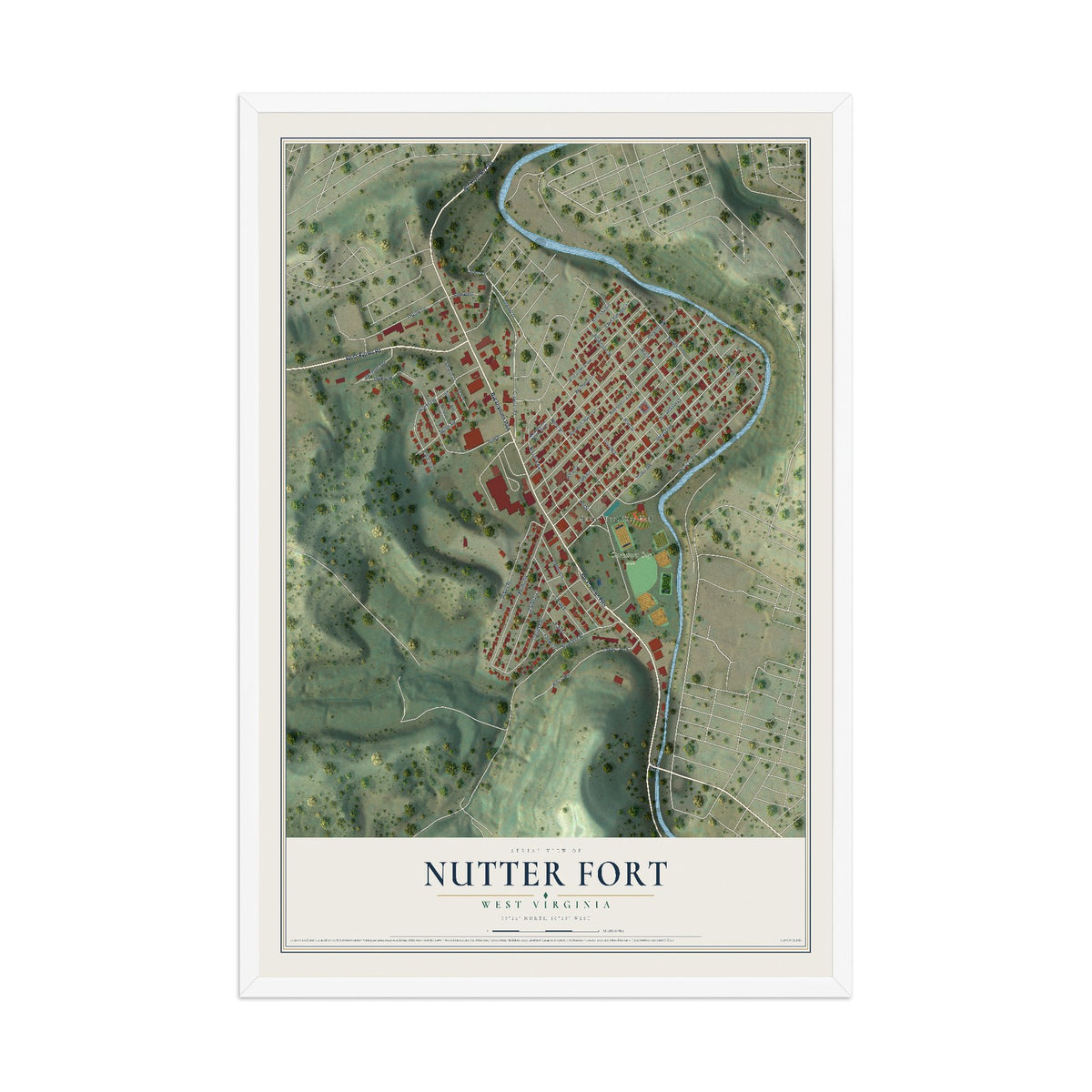 Map of Nutter Fort, West Virginia, 12 x 18 inch print in a white wood frame