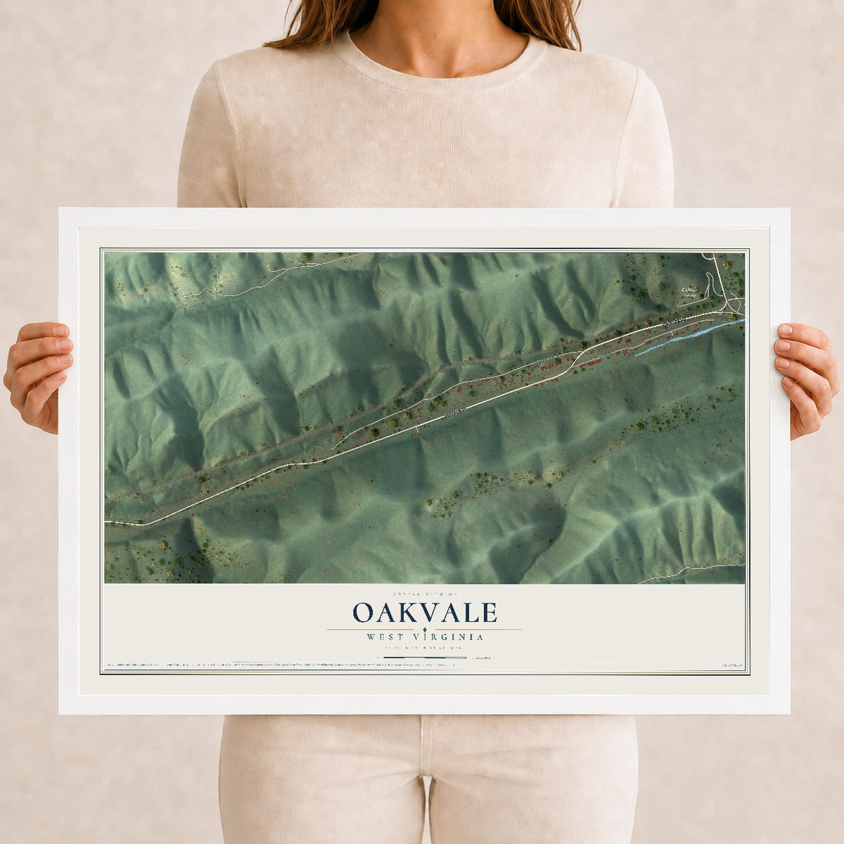 Map of Oakvale, West Virginia, 12 x 18 inch print in a white wood frame