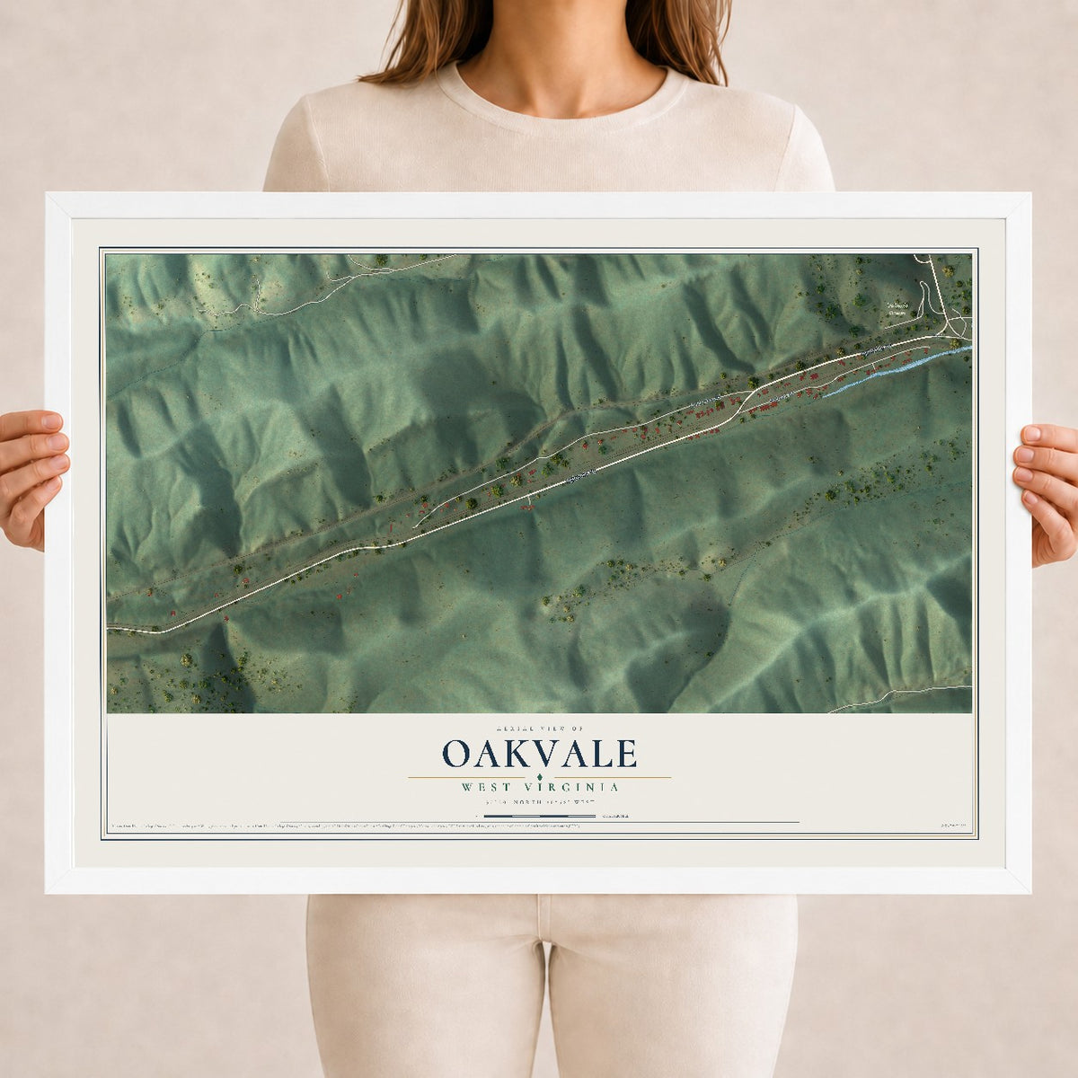 Map of Oakvale, West Virginia, 18 x 24 inch print in a white wood frame