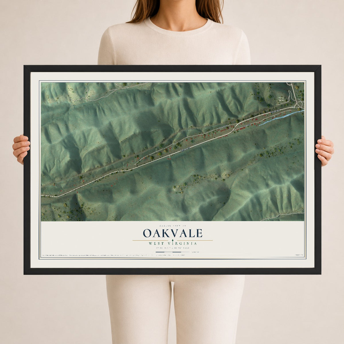 Map of Oakvale, West Virginia, 24 x 36 inch print in a black wood frame