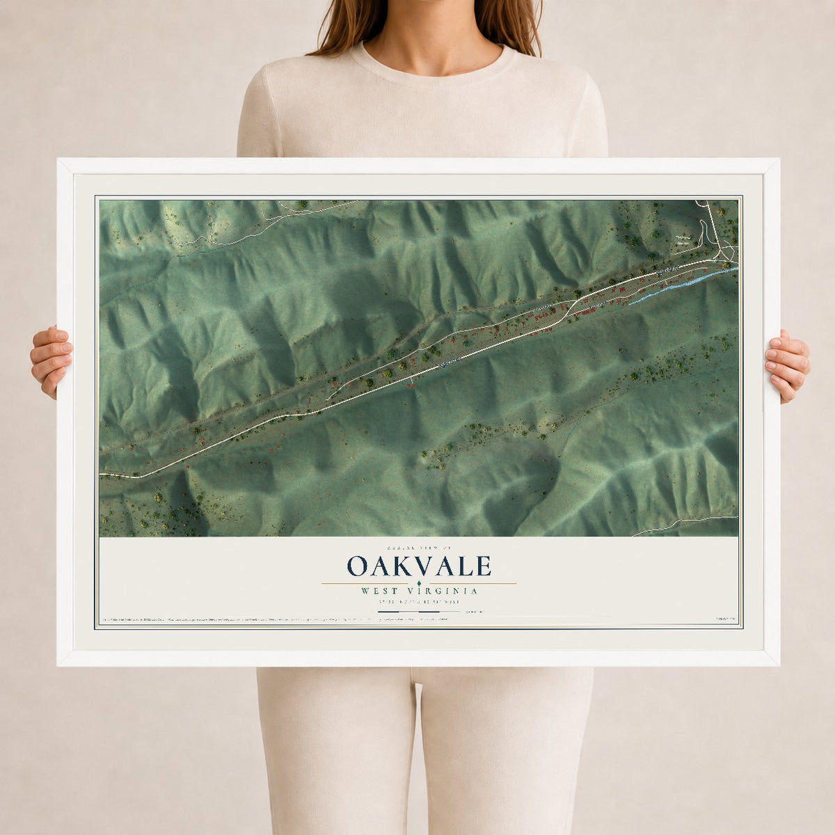 Map of Oakvale, West Virginia, 24 x 36 inch print in a white wood frame