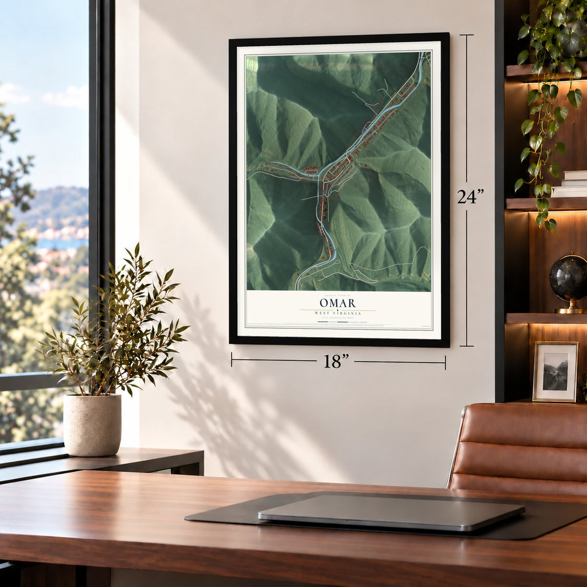 Omar, West Virginia map, 18 x 24 inch print in a black frame in a home office