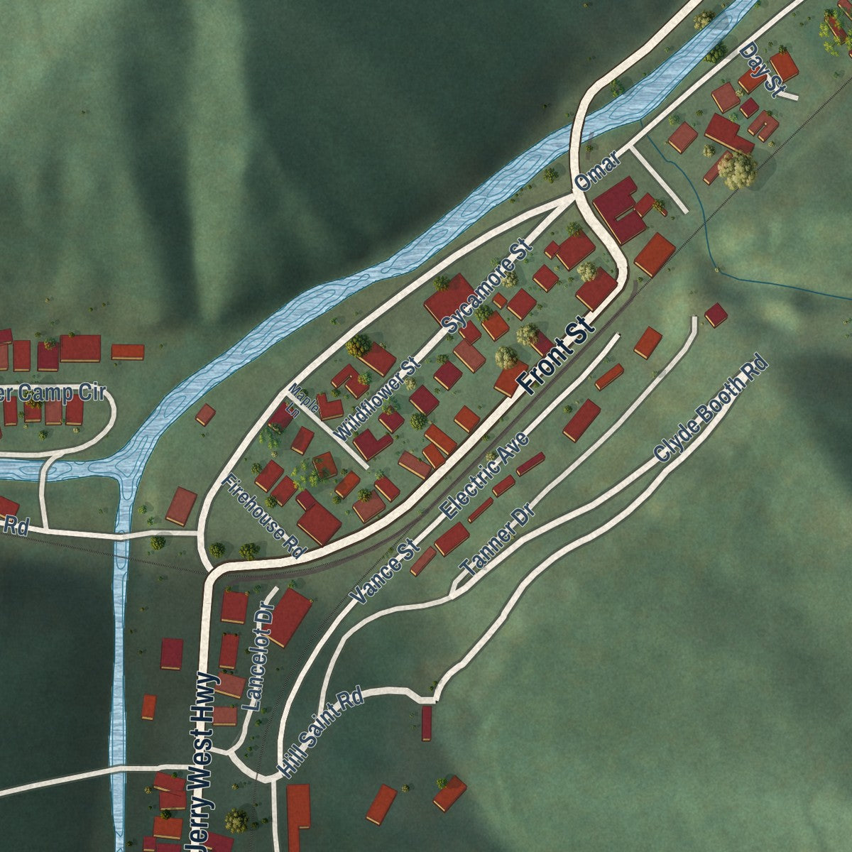 Close-up of the map of Omar, West Virginia print showing street and building detail