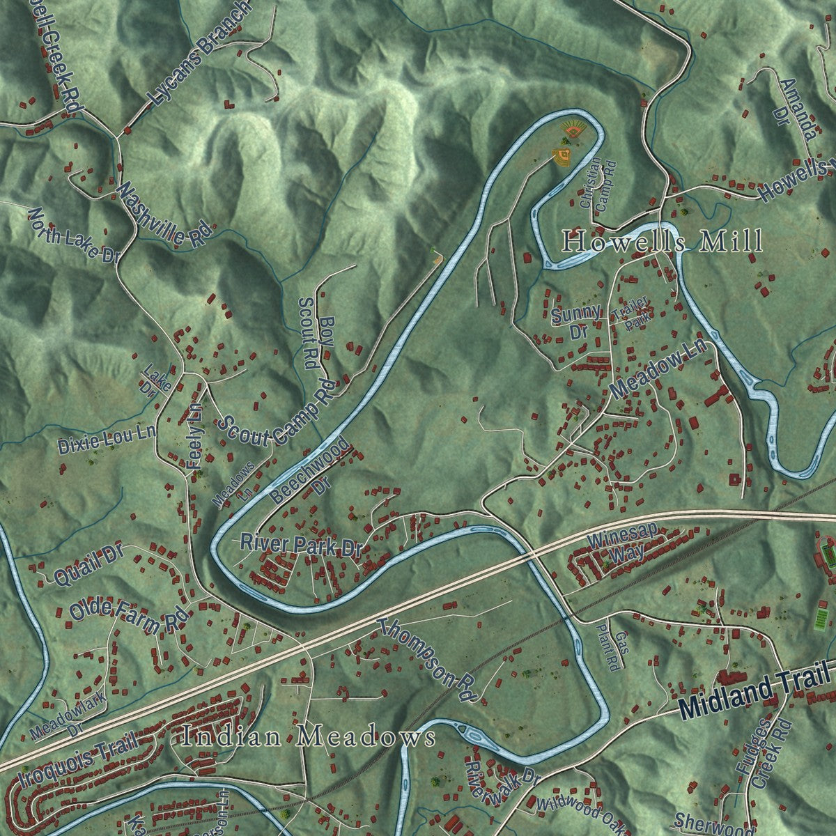 Close-up of the map of Ona, West Virginia print showing street and building detail