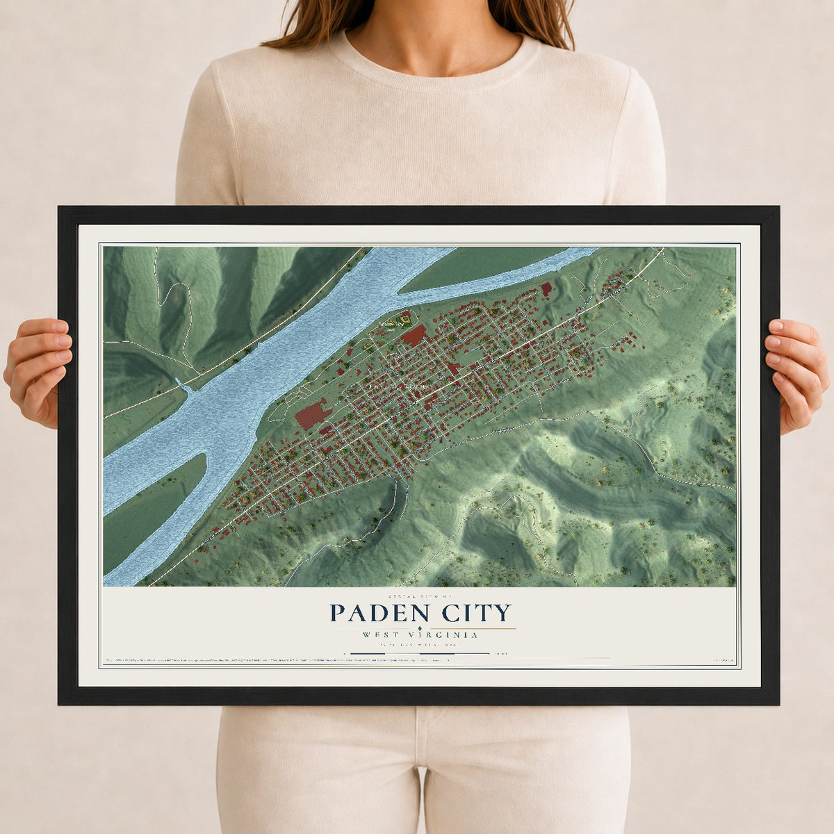 Map of Paden City, West Virginia, 12 x 18 inch print in a black wood frame
