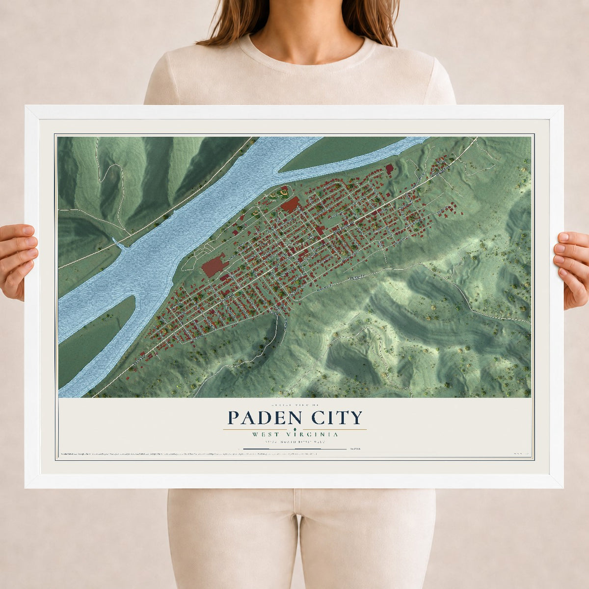 Map of Paden City, West Virginia, 18 x 24 inch print in a white wood frame