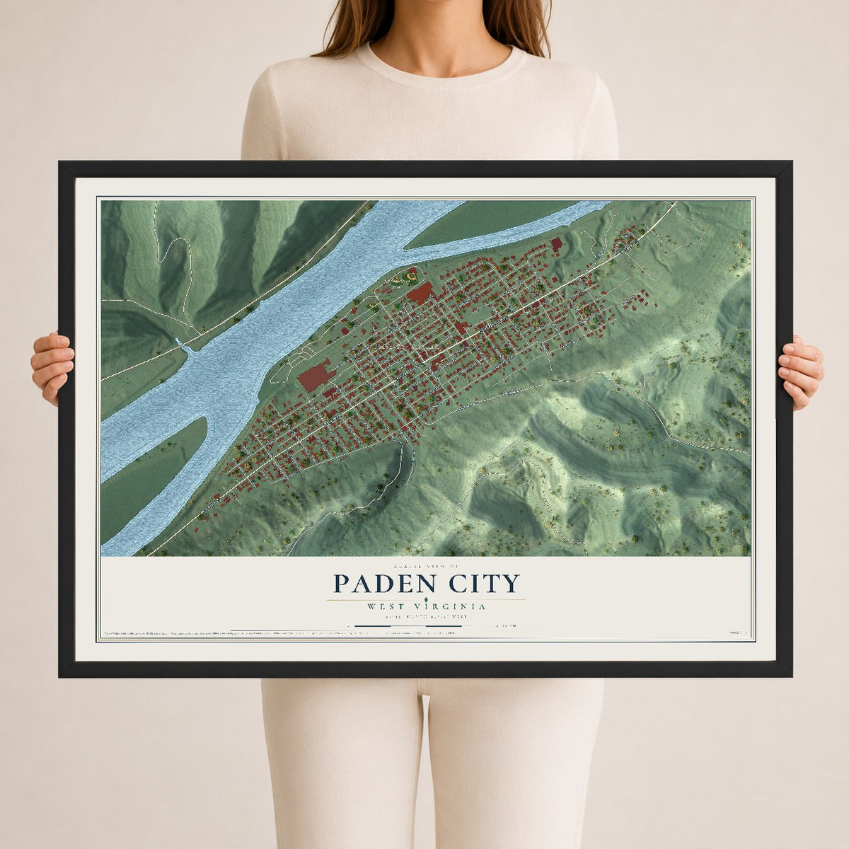 Map of Paden City, West Virginia, 24 x 36 inch print in a black wood frame