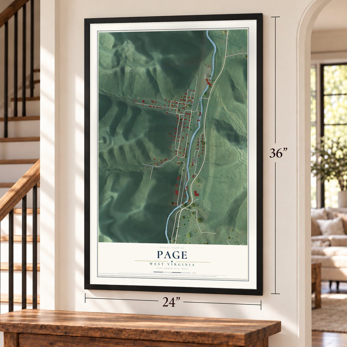 Page, West Virginia map, 24 x 36 inch print in a black frame by a staircase