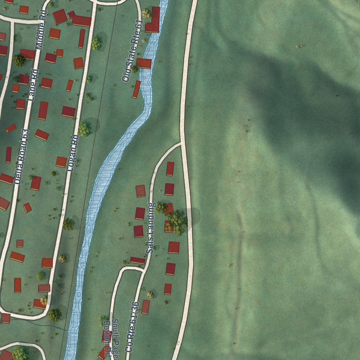 Close-up of the map of Page, West Virginia print showing street and building detail