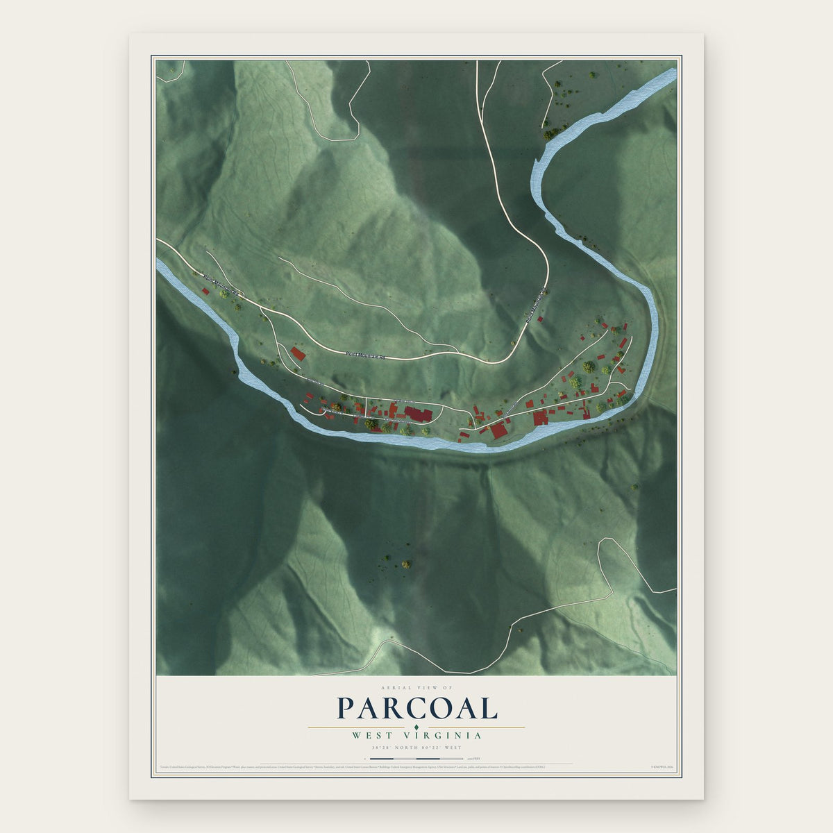 Parcoal, West Virginia map print, the full design