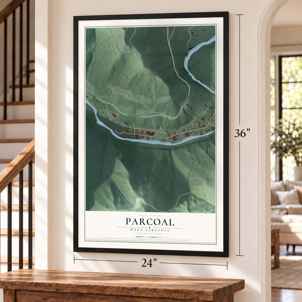 Parcoal, West Virginia map, 24 x 36 inch print in a black frame by a staircase