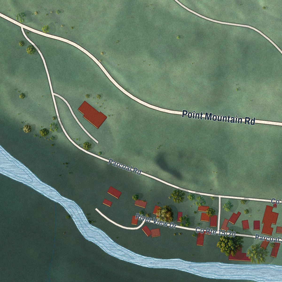 Close-up of the map of Parcoal, West Virginia print showing street and building detail