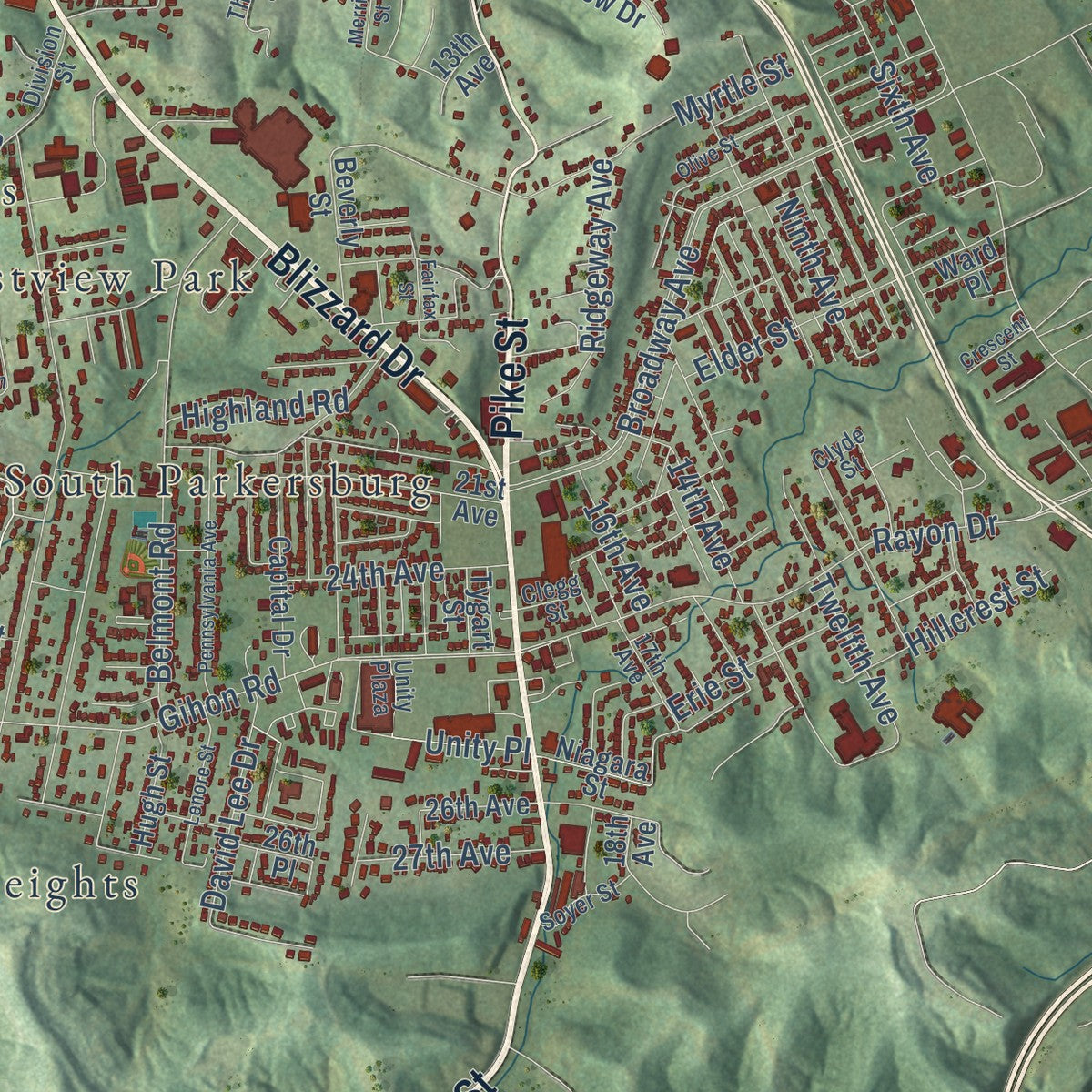 Second close-up of the map of Parkersburg, West Virginia print showing more streets and buildings