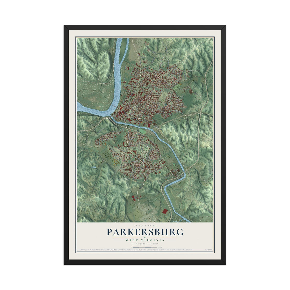 Map of Parkersburg, West Virginia, 12 x 18 inch print in a black wood frame