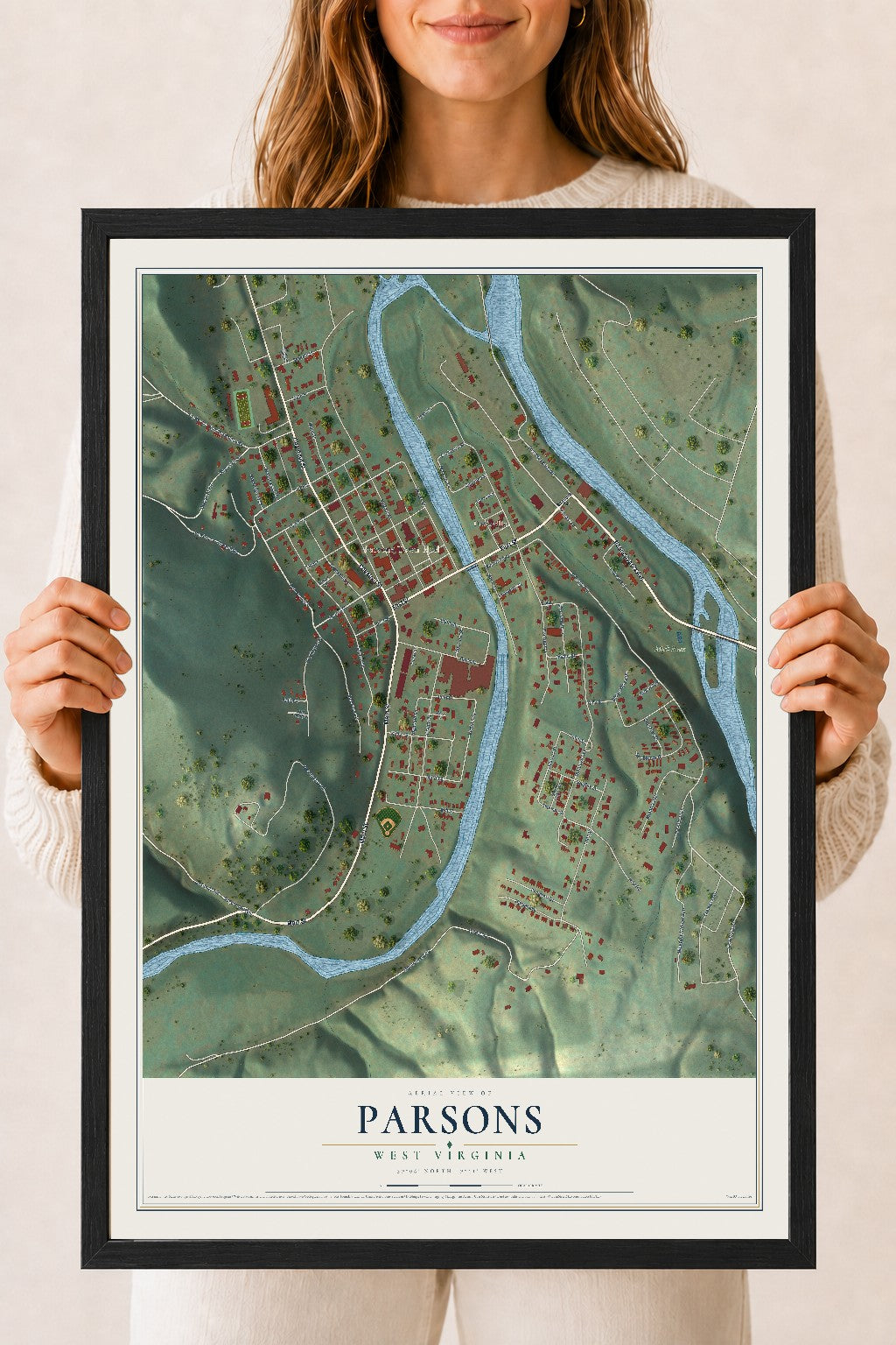 Map of Parsons, West Virginia, 18 x 24 inch print in a black wood frame