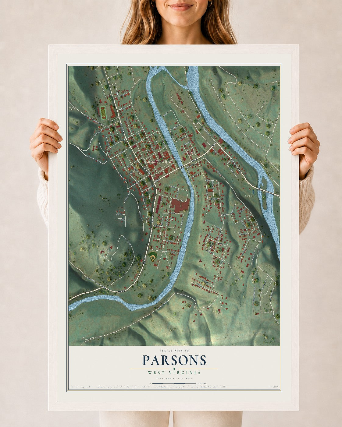 Map of Parsons, West Virginia, 24 x 36 inch print in a white wood frame