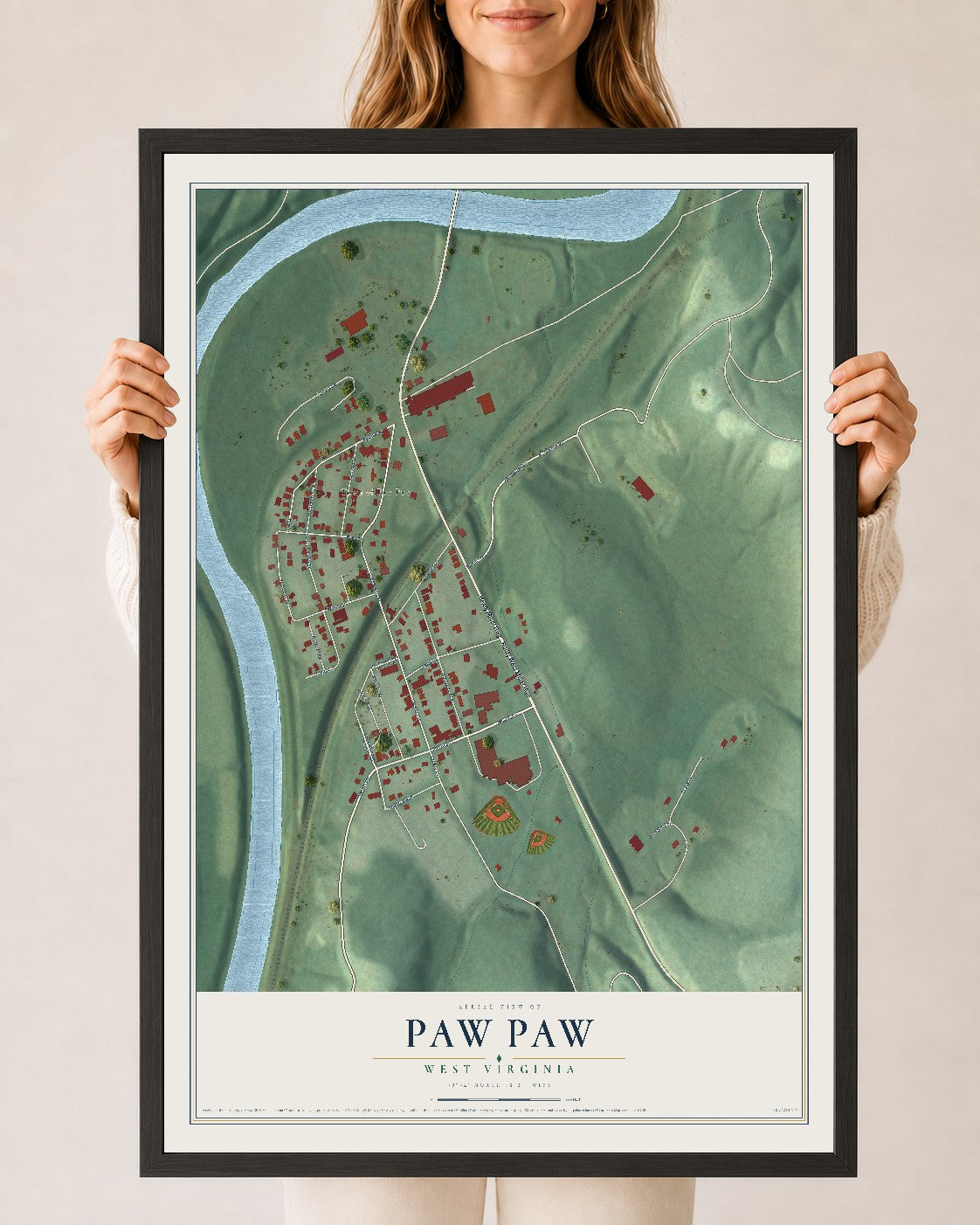Map of Paw Paw, West Virginia, 24 x 36 inch print in a black wood frame